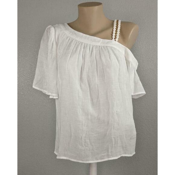 Palette Tops - Palette Gauze Blouse One Shoulder Neckline Cutout Strap Top White Blouse Career